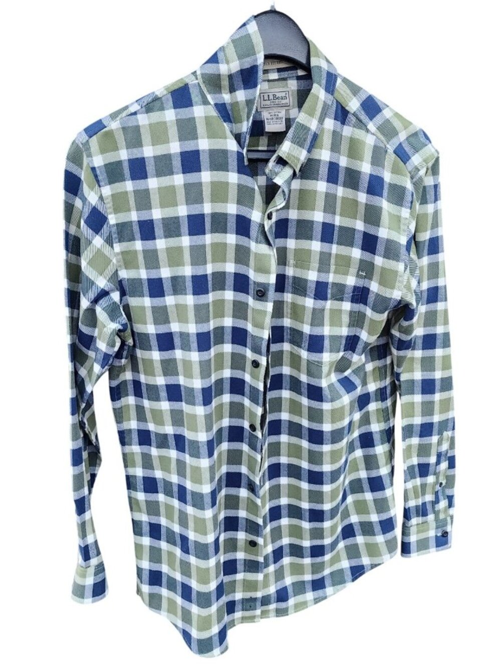 L.L. Bean Mens Slightly Fitted Plaid Long Sleeve Shirt M-Reg Green/Blue Cotton C